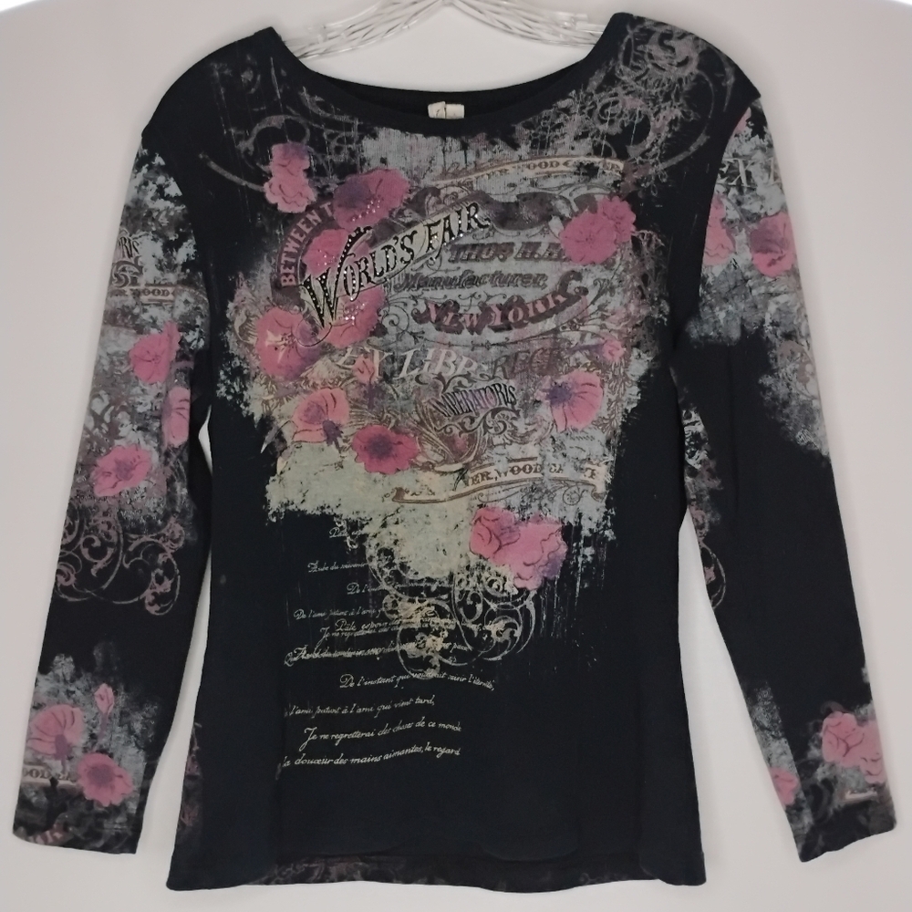 Women's Large Susan Lawrence World's Fair Floral Grunge Y2K 3/4 Sleeve Shirt L